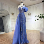 Vestido de noche árabe fucsia de lujo con un solo hombro, cuentas azules y falda lateral para fiesta femenina LA72664 