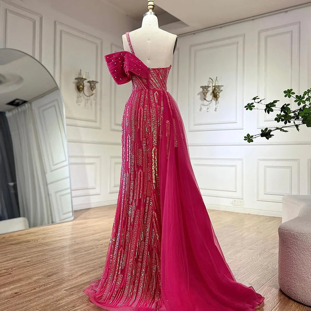 Vestido de noche árabe fucsia de lujo con un solo hombro, cuentas azules y falda lateral para fiesta femenina LA72664 