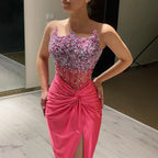 Vestido de noche de lujo estilo sirena, estilo árabe fucsia, sin tirantes, con abertura lateral y cuentas, para mujer, estilo Dubái, LA72671 