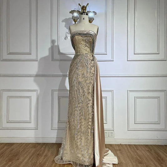 2025 Arabic Nude Strapless Satin Mermaid Beaded Luxury Dubai Evening Gown with Side Skirt for Women's Party LA72665