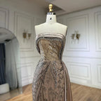 2025 Arabic Nude Strapless Satin Mermaid Beaded Luxury Dubai Evening Gown with Side Skirt for Women's Party LA72665