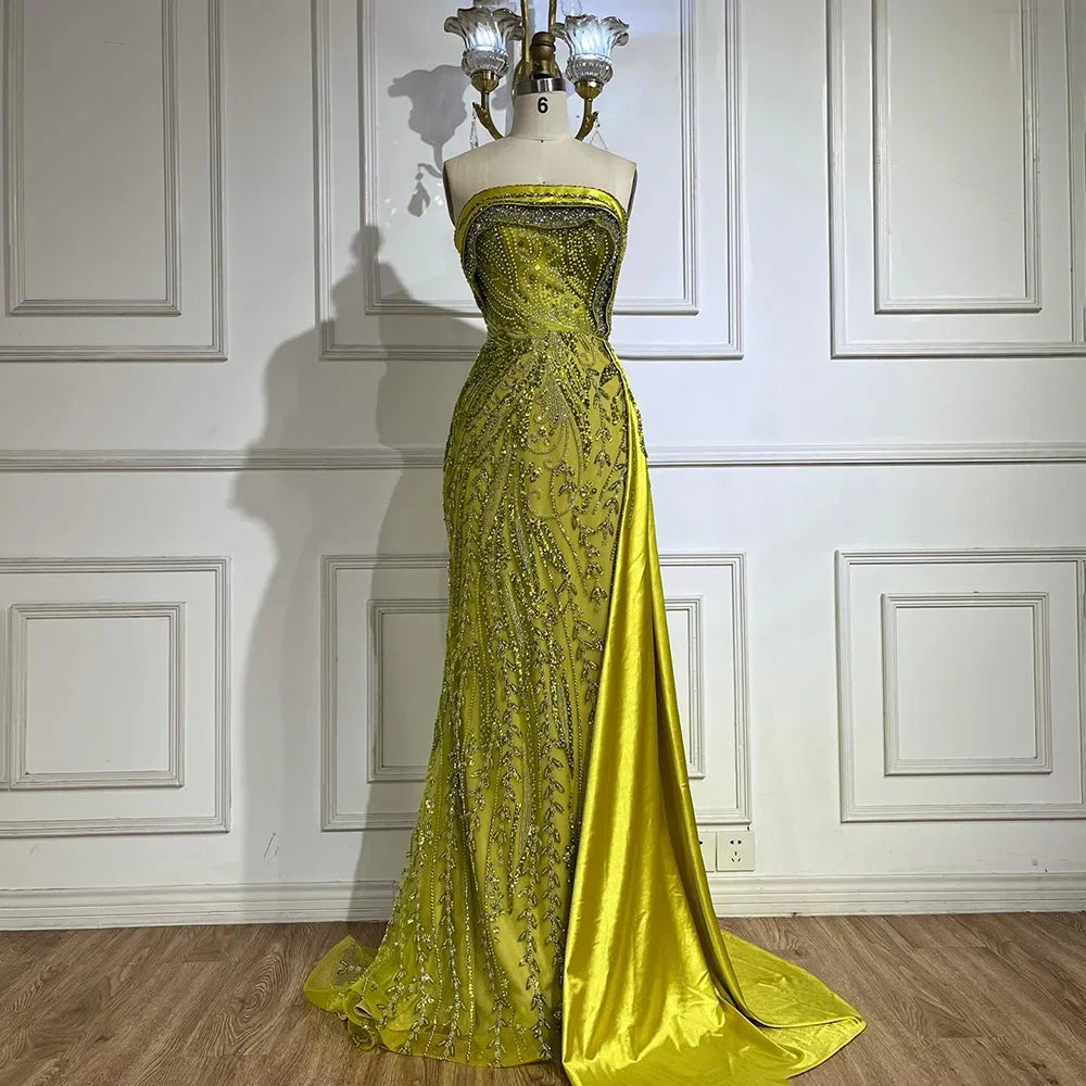 2025 Arabic Nude Strapless Satin Mermaid Beaded Luxury Dubai Evening Gown with Side Skirt for Women's Party LA72665