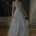 2025 Arabic Gray A Line Elegant Strapless Beaded Long Evening Dresses Gowns for Formal Occasion LA72755
