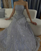 2025 Arabic Gray A Line Elegant Strapless Beaded Long Evening Dresses Gowns for Formal Occasion LA72755