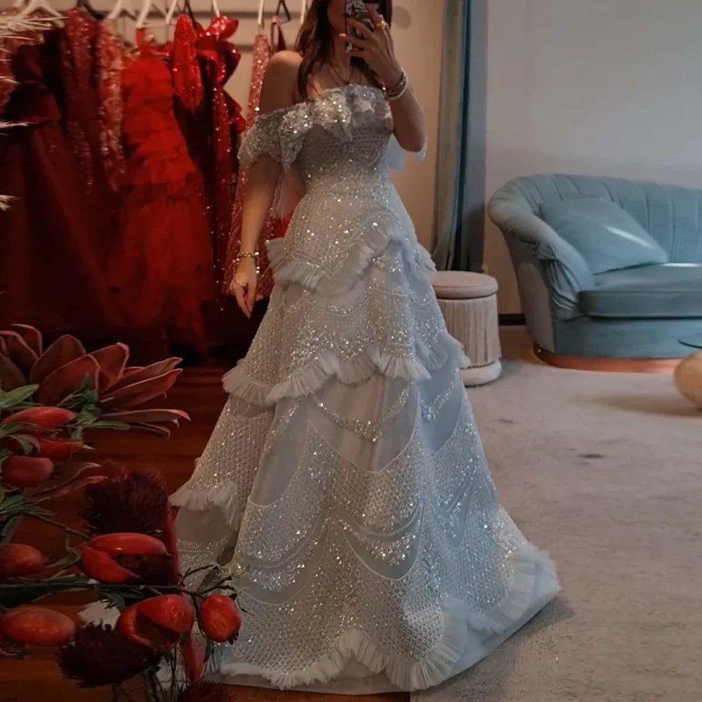 Vestido de noche de lujo estilo Dubái, gris plateado, con hombros descubiertos, LA72762