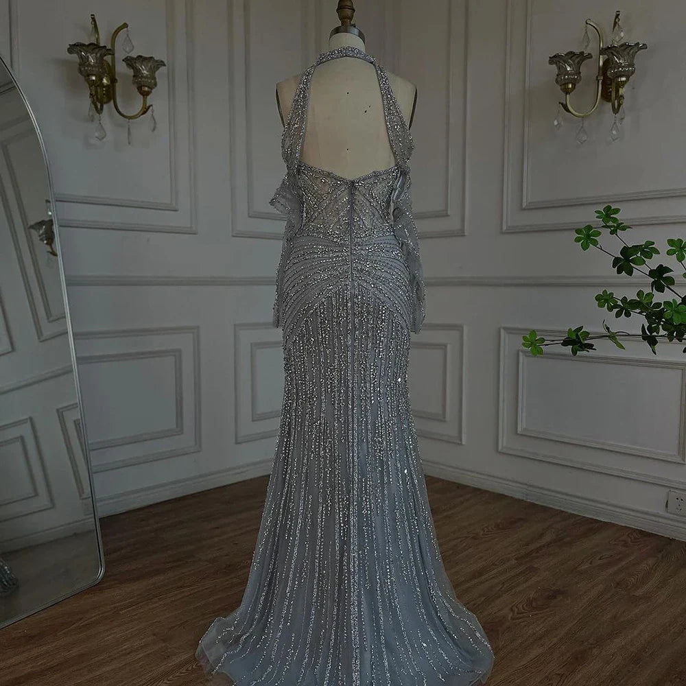 2025 Arabic Gray Decorative Halter Mermaid Luxury Dubai Evening Gown Beaded Dress for Women's Party LA72651