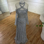 2025 Arabic Gray Decorative Halter Mermaid Luxury Dubai Evening Gown Beaded Dress for Women's Party LA72651