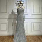 2025 Arabic Gray Decorative Halter Mermaid Luxury Dubai Evening Gown Beaded Dress for Women's Party LA72651