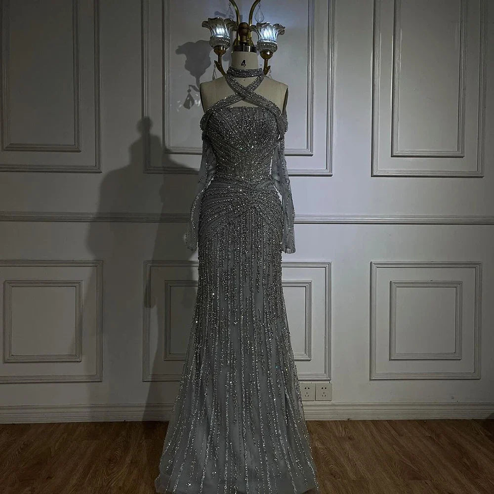2025 Arabic Gray Decorative Halter Mermaid Luxury Dubai Evening Gown Beaded Dress for Women's Party LA72651