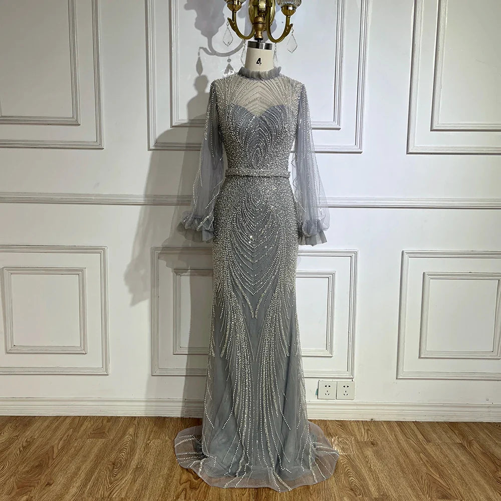2025 Arabic Gray High Neck Mermaid Evening Gowns with Long Sleeves and Beading for Women Party LA71690A