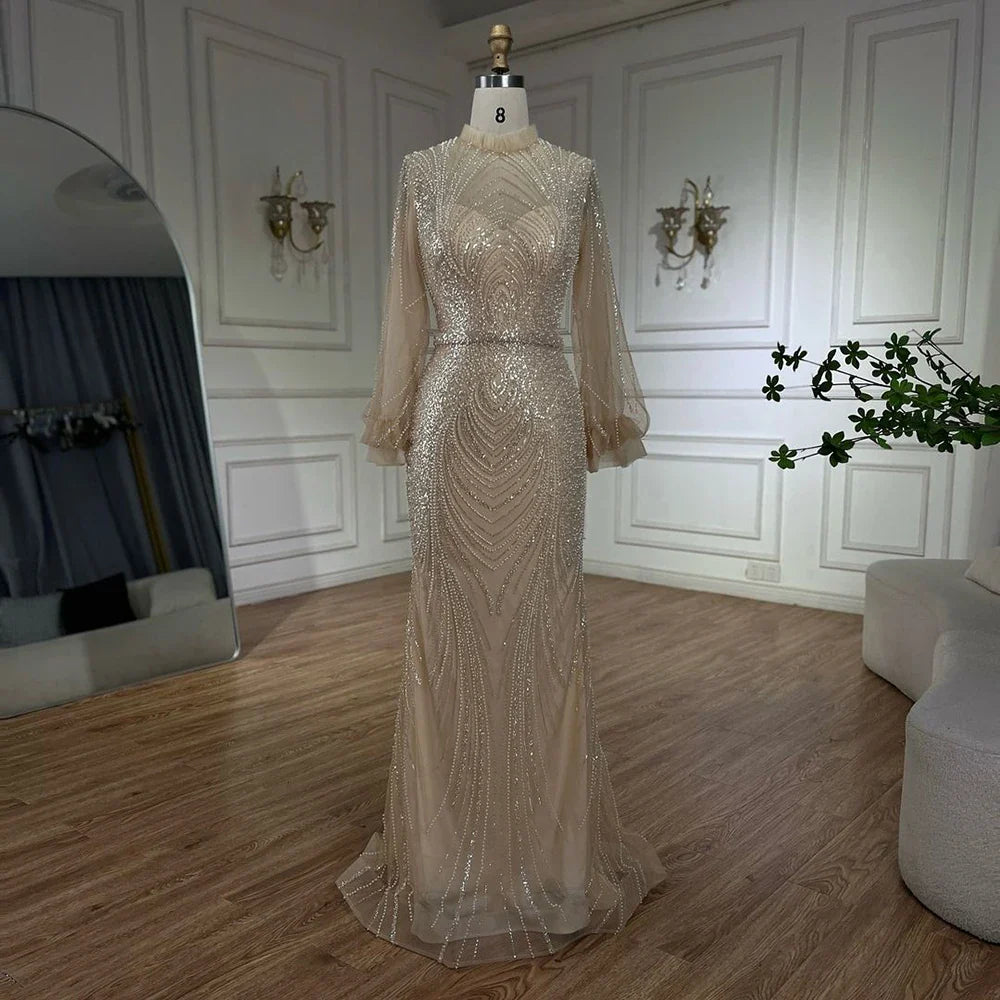 2025 Arabic Gray High Neck Mermaid Evening Gowns with Long Sleeves and Beading for Women Party LA71690A