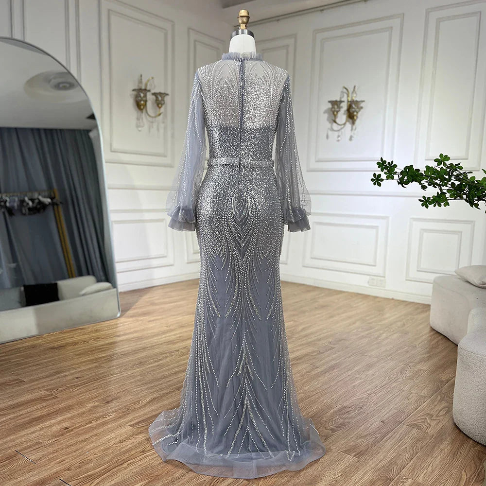 2025 Arabic Gray High Neck Mermaid Evening Gowns with Long Sleeves and Beading for Women Party LA71690A