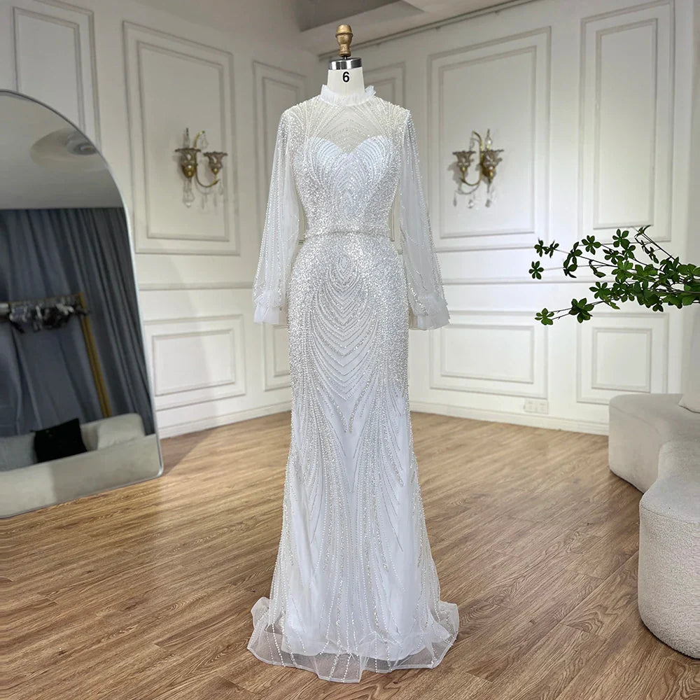 2025 Arabic Gray High Neck Mermaid Evening Gowns with Long Sleeves and Beading for Women Party LA71690A