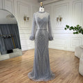 2025 Arabic Gray High Neck Mermaid Evening Gowns with Long Sleeves and Beading for Women Party LA71690A