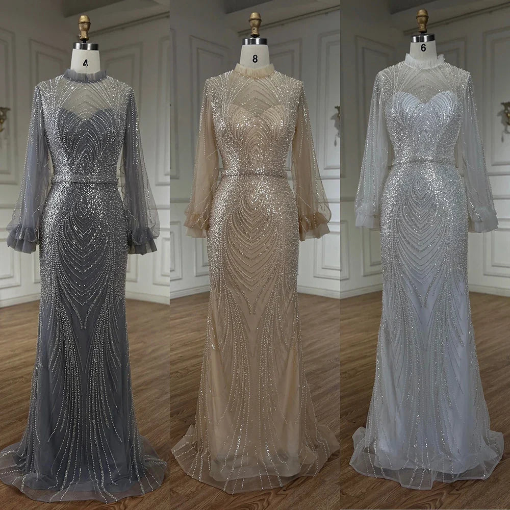 2025 Arabic Gray High Neck Mermaid Evening Gowns with Long Sleeves and Beading for Women Party LA71690A