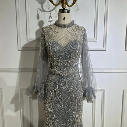2025 Arabic Gray High Neck Mermaid Evening Gowns with Long Sleeves and Beading for Women Party LA71690A