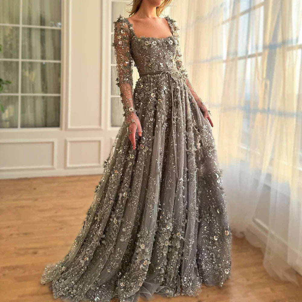 Elegante vestido de noche árabe gris con apliques de cuentas y corte en A para mujer, para fiesta de boda LA72657