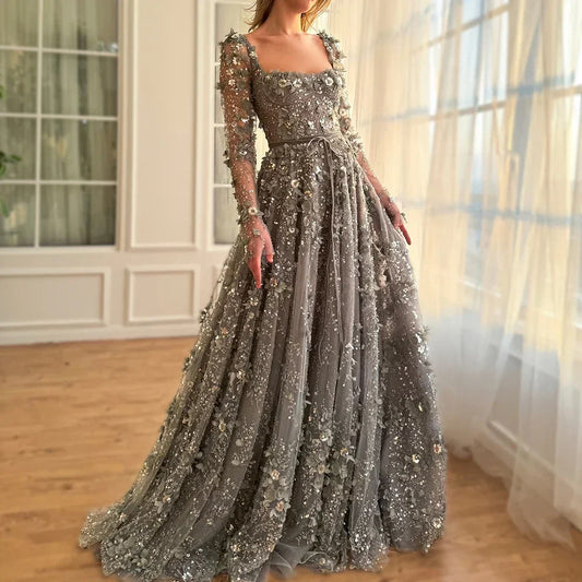 Arabisch Grau A-Linie Elegante Applikationen Luxus Perlen Abendkleider für Frauen Hochzeit Party LA72657 