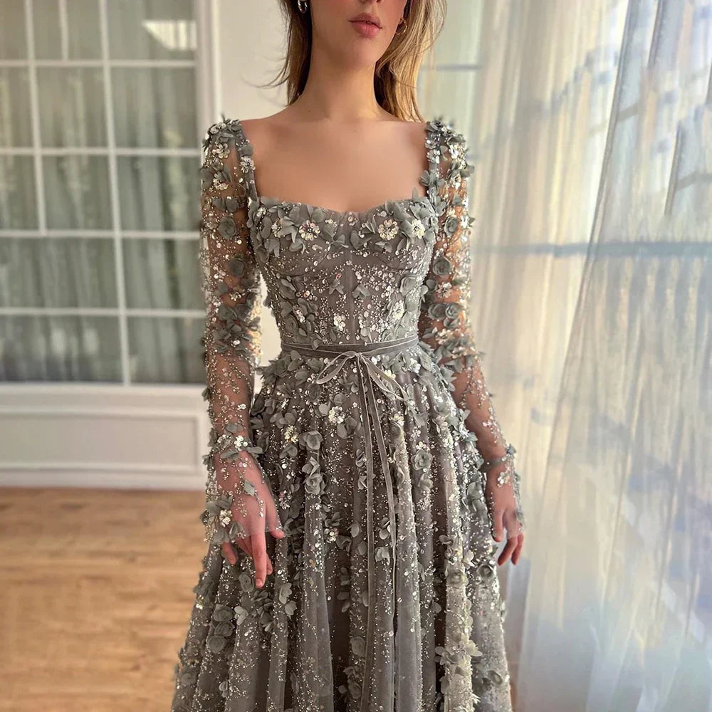 Elegante vestido de noche árabe gris con apliques de cuentas y corte en A para mujer, para fiesta de boda LA72657