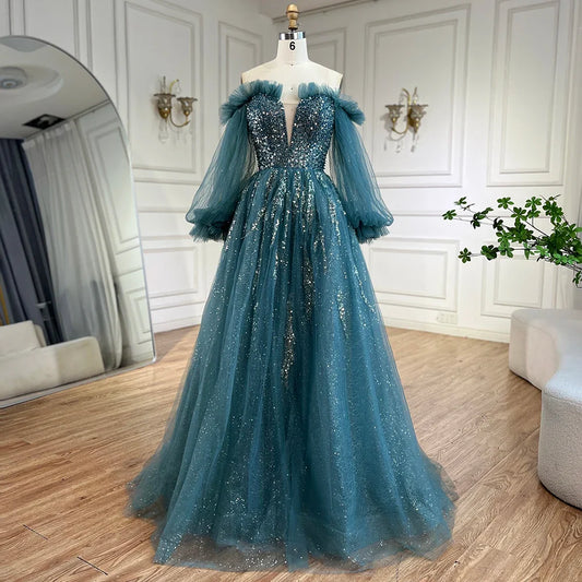 2025 Arabic Green A-Line Elegant Beaded Luxury Evening Gowns with Puff Sleeves for Women Party LA72655