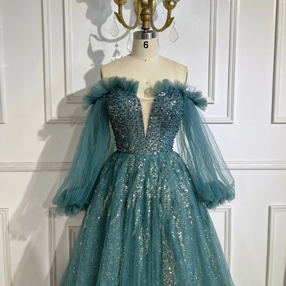2025 Arabic Green A-Line Elegant Beaded Luxury Evening Gowns with Puff Sleeves for Women Party LA72655