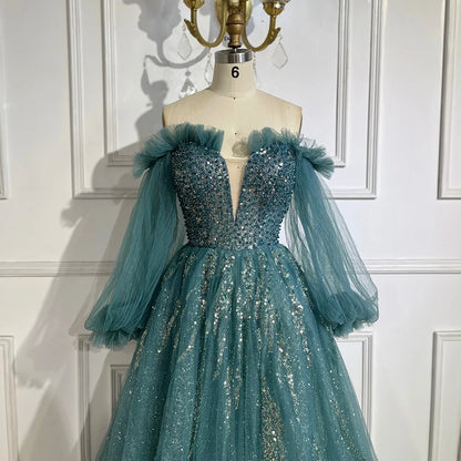 2025 Arabic Green A-Line Elegant Beaded Luxury Evening Gowns with Puff Sleeves for Women Party LA72655