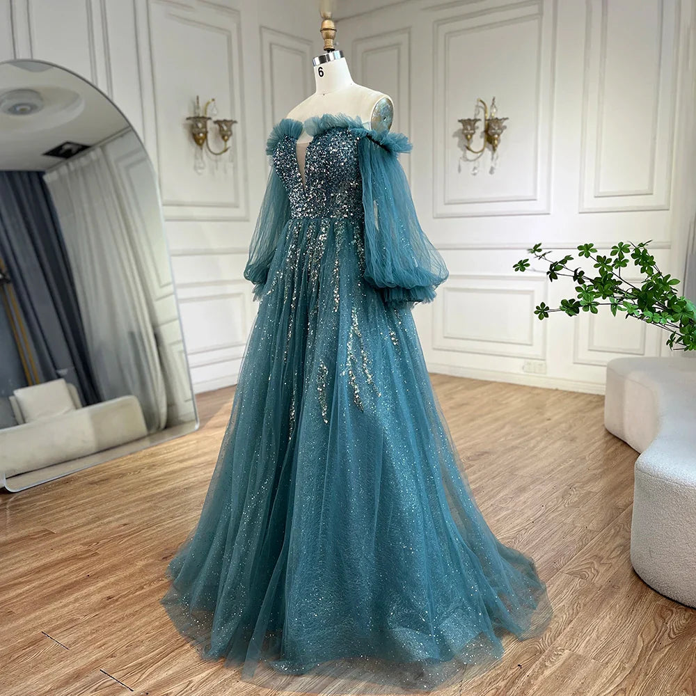 2025 Arabic Green A-Line Elegant Beaded Luxury Evening Gowns with Puff Sleeves for Women Party LA72655