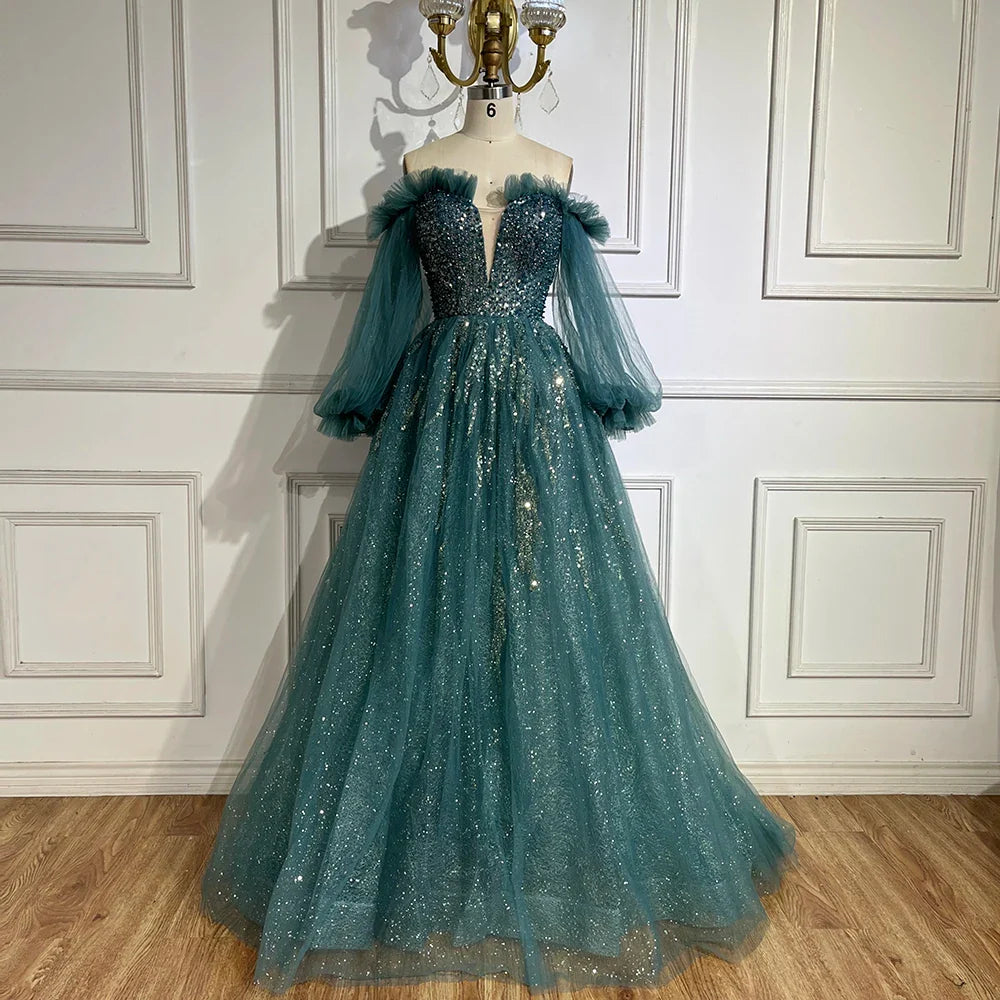 2025 Arabic Green A-Line Elegant Beaded Luxury Evening Gowns with Puff Sleeves for Women Party LA72655