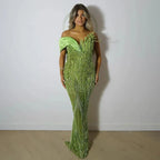 2025 Arabic Green Mermaid Elegant One Shoulder Beaded Long Evening Dresses Gowns for Formal Occasion LA72650