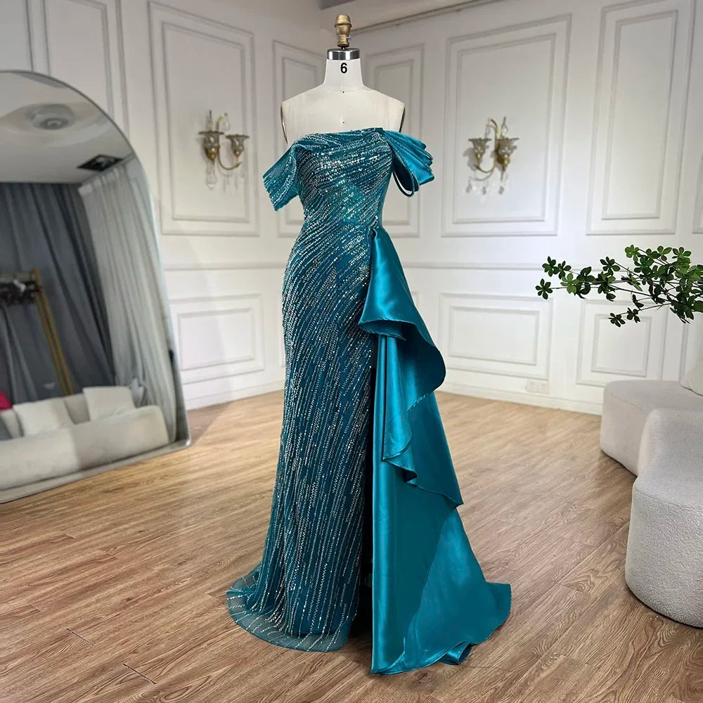 2025 Arabic Green Mermaid Overskirt Luxury Beaded Long Evening Gowns with Split for Women Wedding Party LA72633