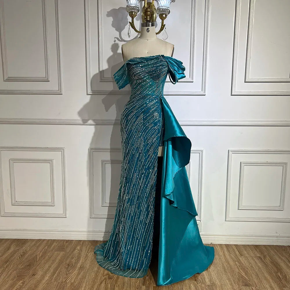 2025 Arabic Green Mermaid Overskirt Luxury Beaded Long Evening Gowns with Split for Women Wedding Party LA72633