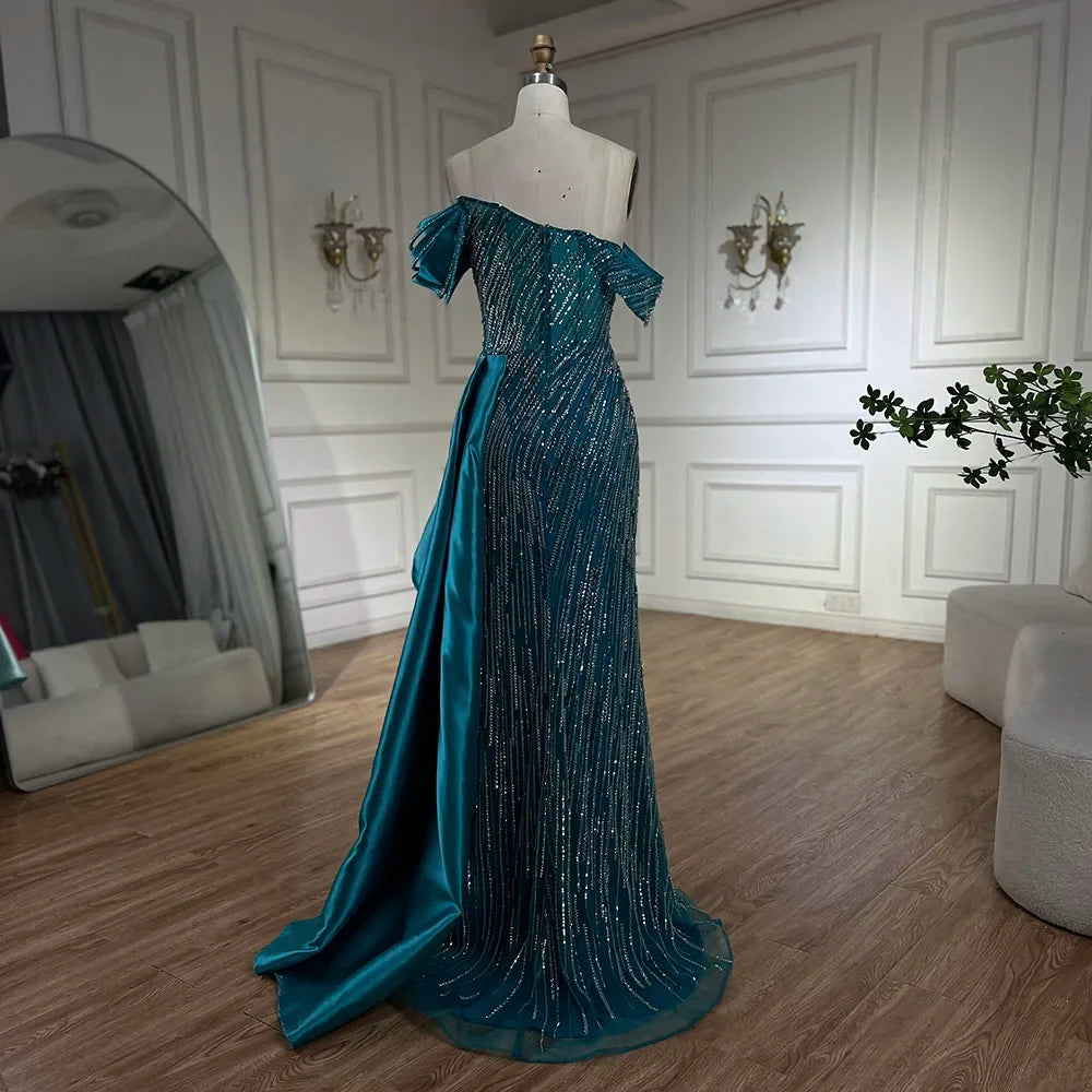 2025 Arabic Green Mermaid Overskirt Luxury Beaded Long Evening Gowns with Split for Women Wedding Party LA72633