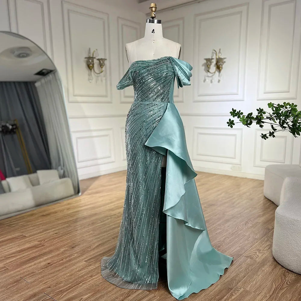 2025 Arabic Green Mermaid Overskirt Luxury Beaded Long Evening Gowns with Split for Women Wedding Party LA72633