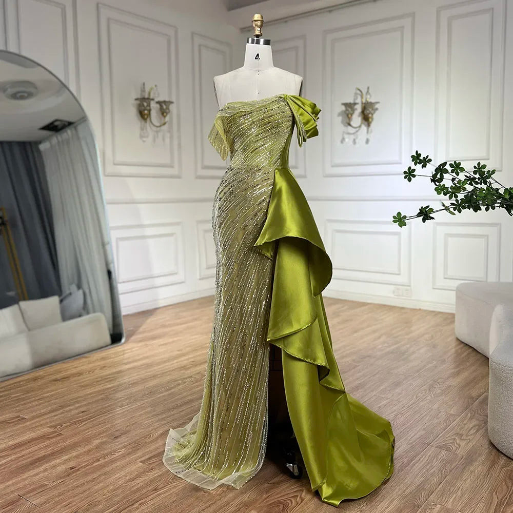 2025 Arabic Green Mermaid Overskirt Luxury Beaded Long Evening Gowns with Split for Women Wedding Party LA72633