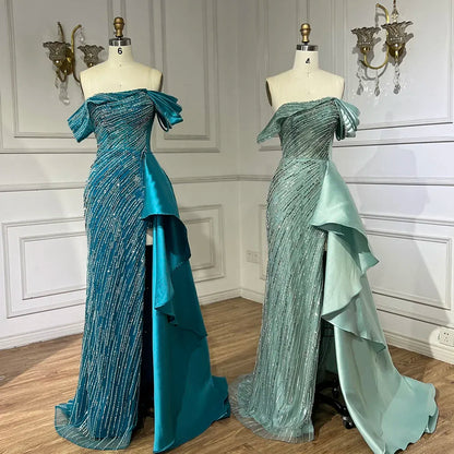 2025 Arabic Green Mermaid Overskirt Luxury Beaded Long Evening Gowns with Split for Women Wedding Party LA72633