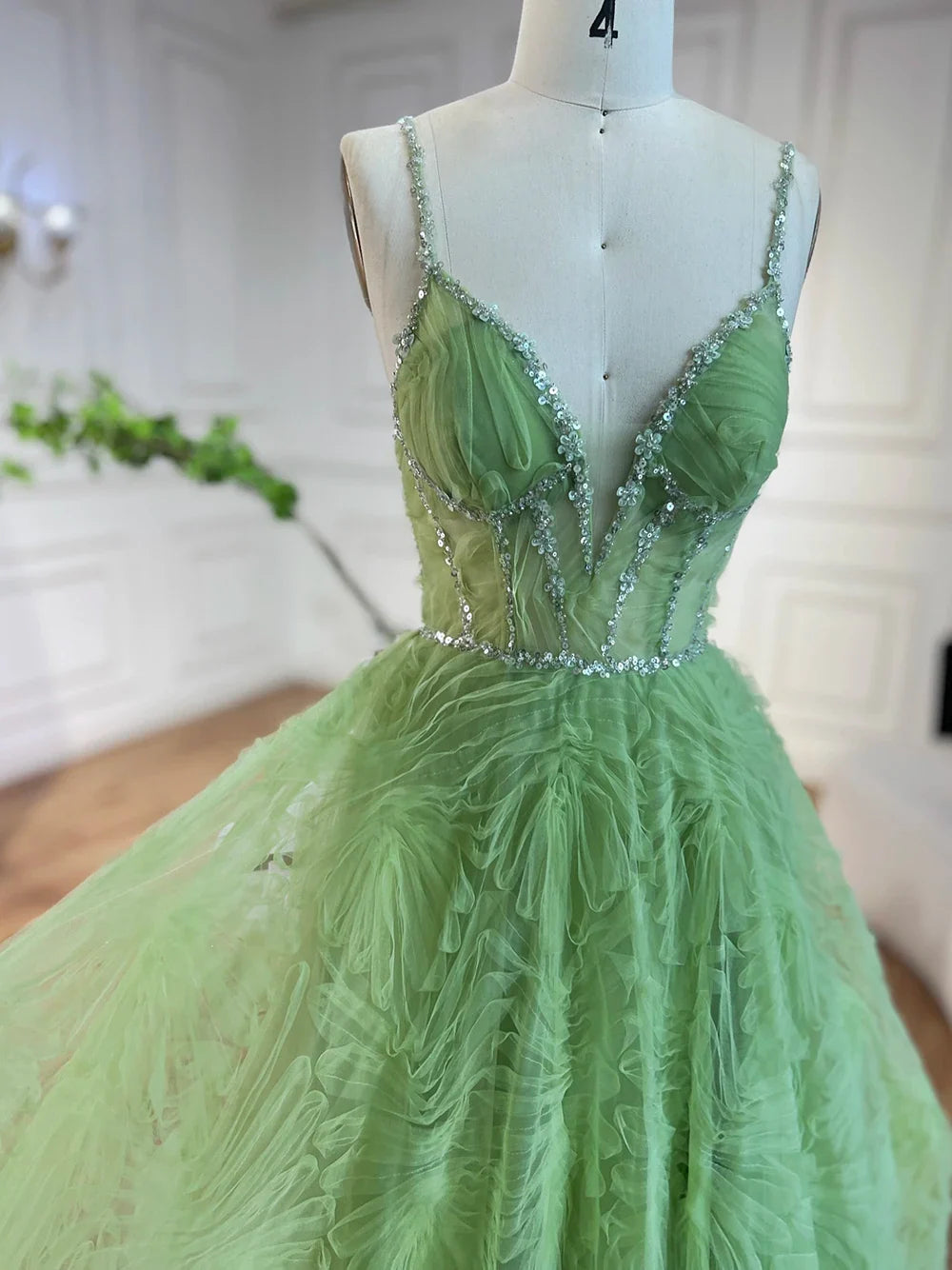 2025 Arabic Sage Green Elegant Spaghetti Strap Backless A-Line Prom Dress for Women | Wedding Party LA72636