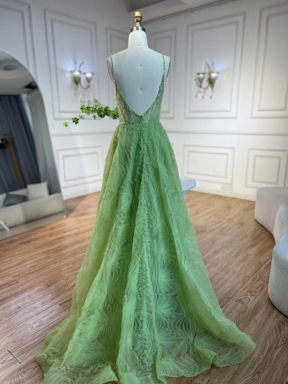 2025 Arabic Sage Green Elegant Spaghetti Strap Backless A-Line Prom Dress for Women | Wedding Party LA72636