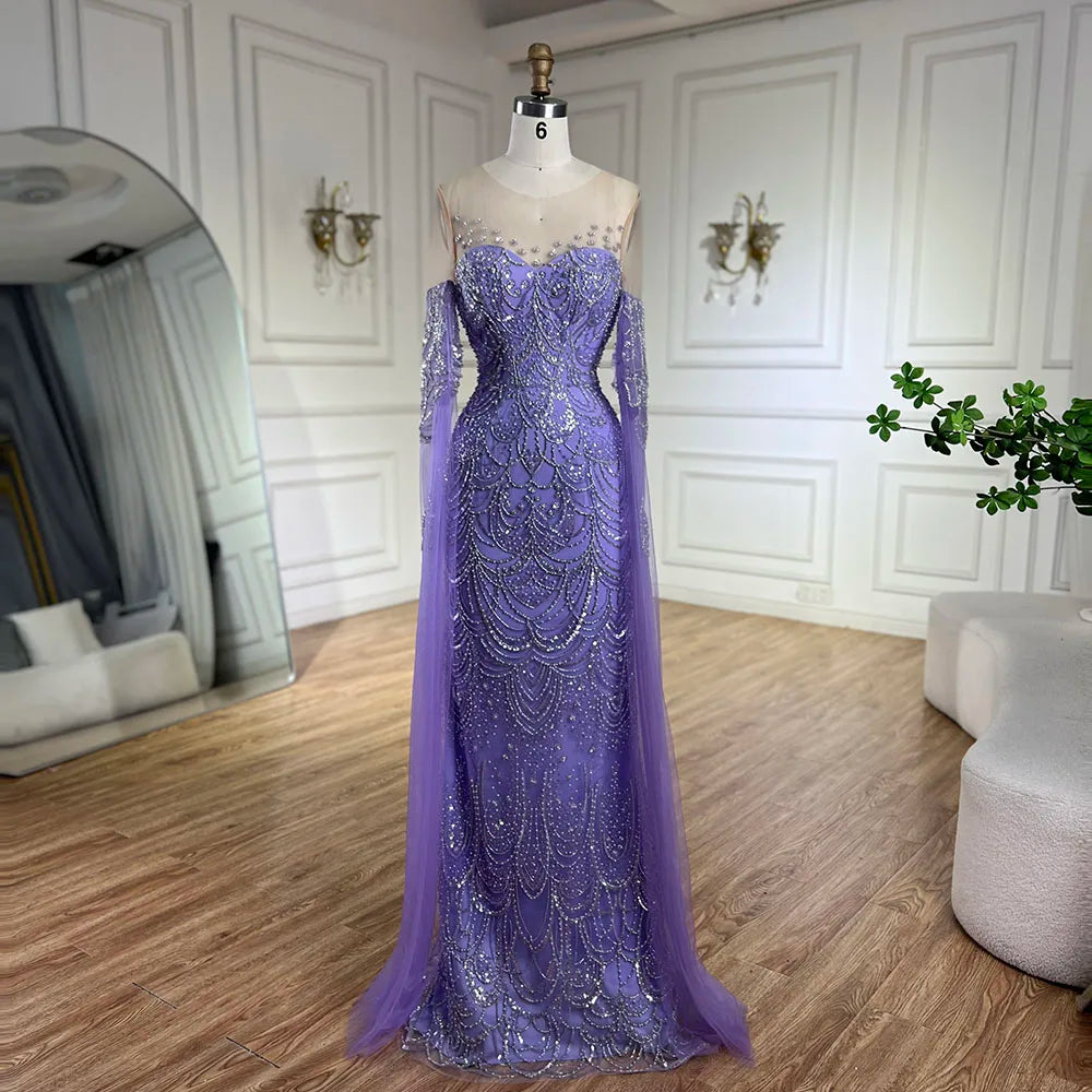 2025 Arabic Lilac Cape Sleeves Mermaid Luxury Dubai Evening Gown Beaded Dress for Women's Party LA72616