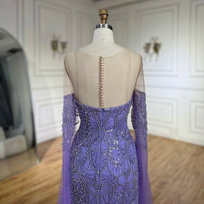 2025 Arabic Lilac Cape Sleeves Mermaid Luxury Dubai Evening Gown Beaded Dress for Women's Party LA72616