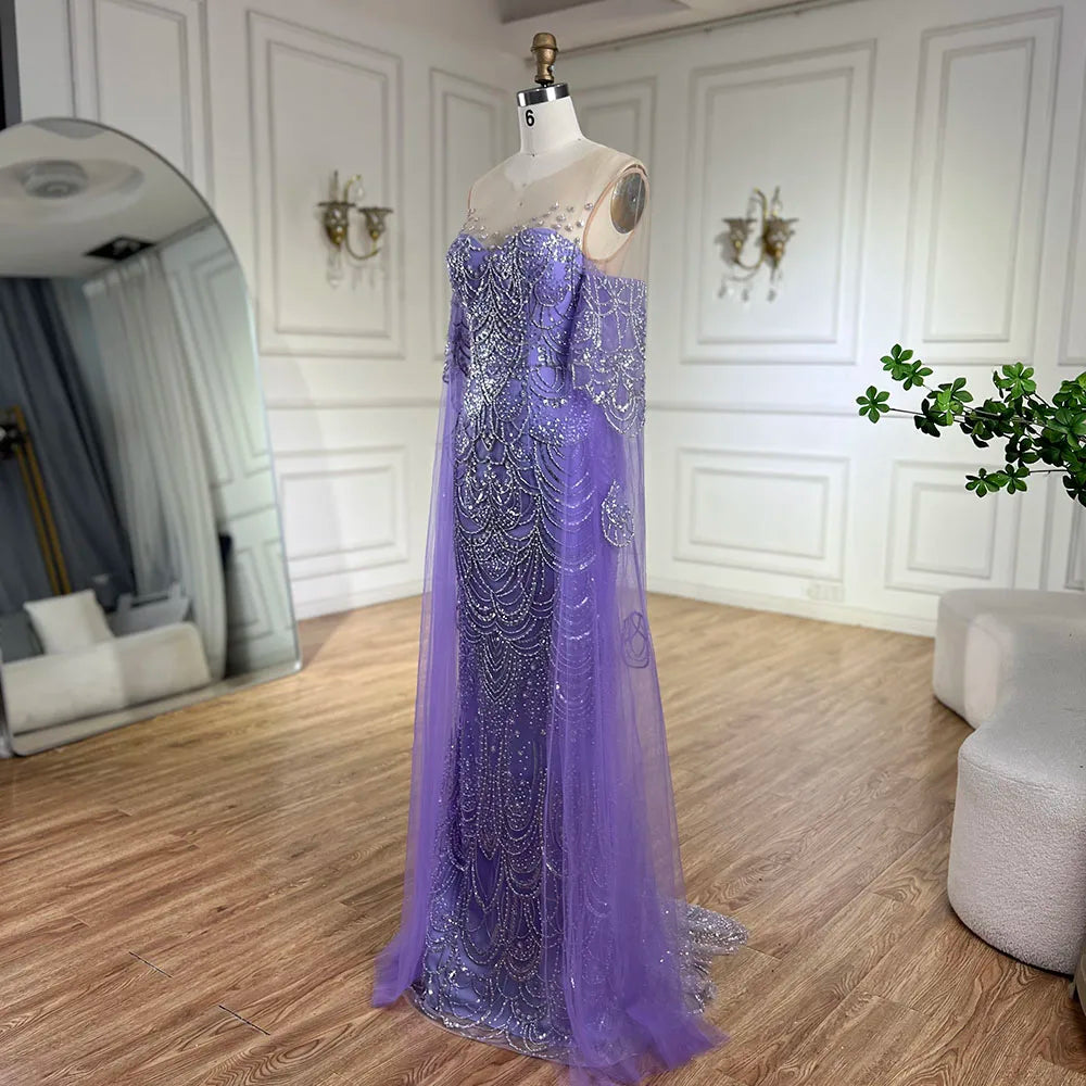 2025 Arabic Lilac Cape Sleeves Mermaid Luxury Dubai Evening Gown Beaded Dress for Women's Party LA72616