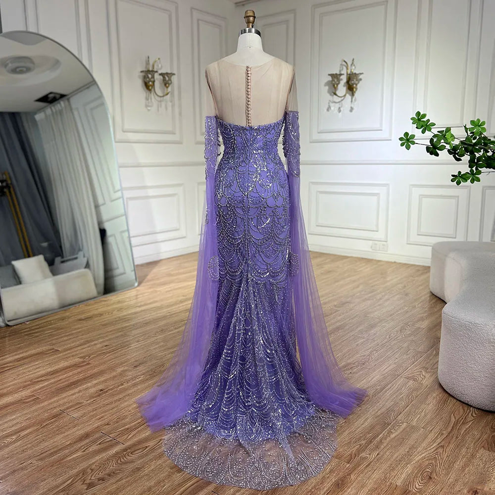 2025 Arabic Lilac Cape Sleeves Mermaid Luxury Dubai Evening Gown Beaded Dress for Women's Party LA72616