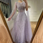 2025 Arabic Lilac Elegant A-Line Beaded Long Evening Dresses Gowns with Cape Sleeves for Formal Occasion LA72744