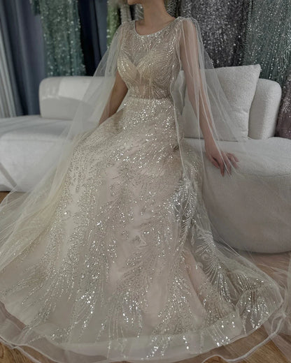 2025 Arabic Lilac Elegant A-Line Beaded Long Evening Dresses Gowns with Cape Sleeves for Formal Occasion LA72744