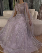 2025 Arabic Lilac Elegant A-Line Beaded Long Evening Dresses Gowns with Cape Sleeves for Formal Occasion LA72744