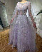 2025 Arabic Lilac Elegant A-Line Beaded Long Evening Dresses Gowns with Cape Sleeves for Formal Occasion LA72744