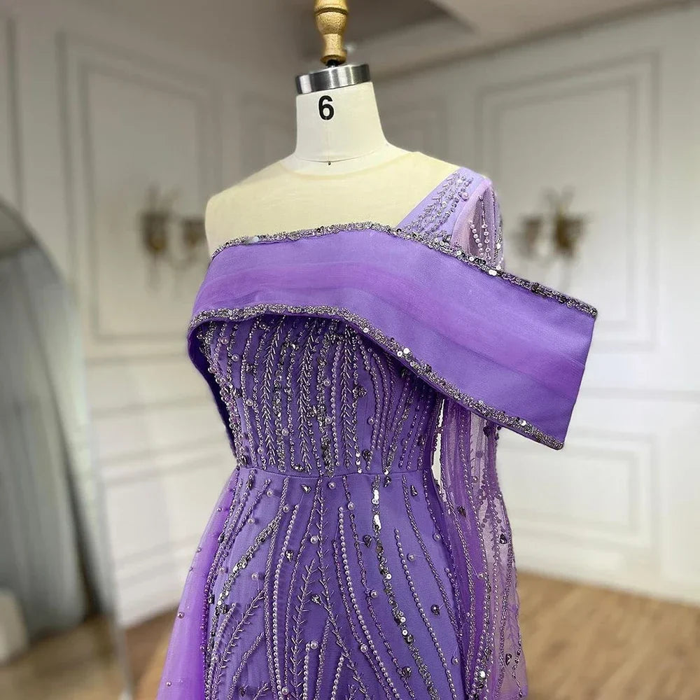 2025 Arabic Lilac Evening Dress Side Train Pearls One Shoulder for Women's Formal  Wedding Party Gowns LA72332