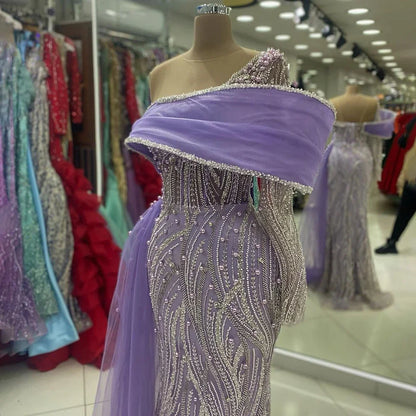2025 Arabic Lilac Evening Dress Side Train Pearls One Shoulder for Women's Formal  Wedding Party Gowns LA72332