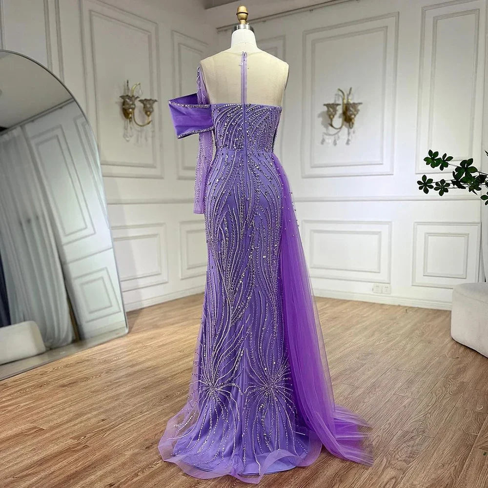 2025 Arabic Lilac Evening Dress Side Train Pearls One Shoulder for Women's Formal  Wedding Party Gowns LA72332