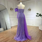 2025 Arabic Lilac Evening Dress Side Train Pearls One Shoulder for Women's Formal  Wedding Party Gowns LA72332