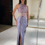 2025 Arabic Lilac Halter Neck Side Split Mermaid Luxury Dubai Evening Gown Beaded Dress for Women's Party LA72668